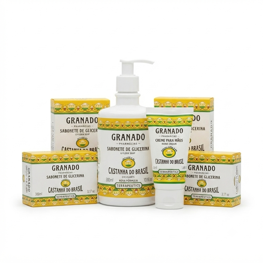 Kit Granado Castanha Do Brasil: Sabonete Líquido 300ml, Creme Para As Mãos 50g E 4 Sabonetes Em Barra